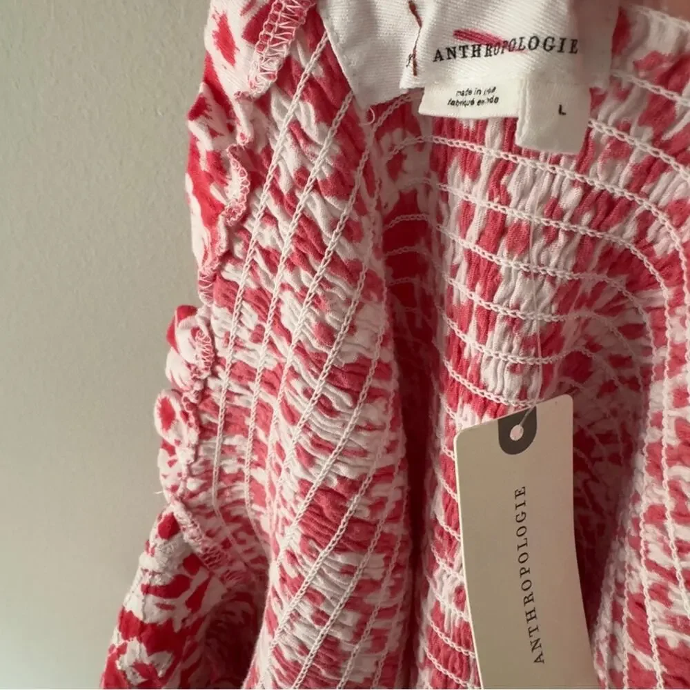 Anthropologie Red White Eyelet Puff Sleeve Smocked Cropped Top stretch floral L
