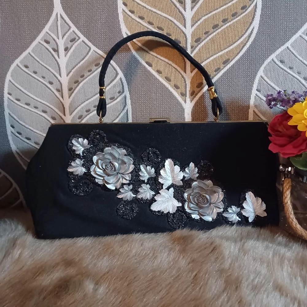 Vintage CARON of Houston Texas 1960's Black Silver Flowers Black Sequins Bag