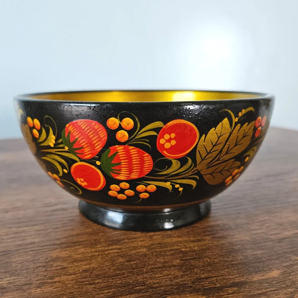 Vintage Russian Khokhloma Hand Painted Wooden Bowl Strawberry Floral Black Gold