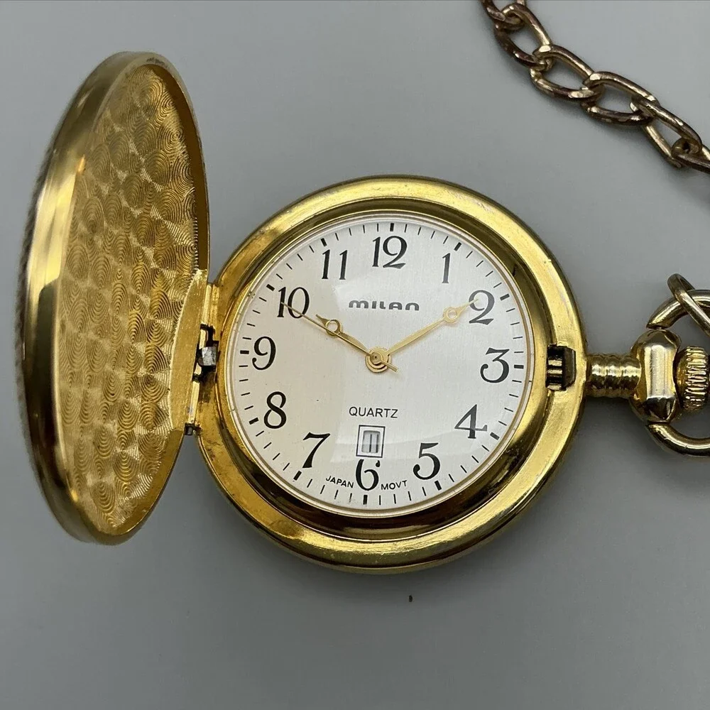 Milan Pocket Watch Men 46.9mm Gold Tone Full Hunter Chain White Date New Battery