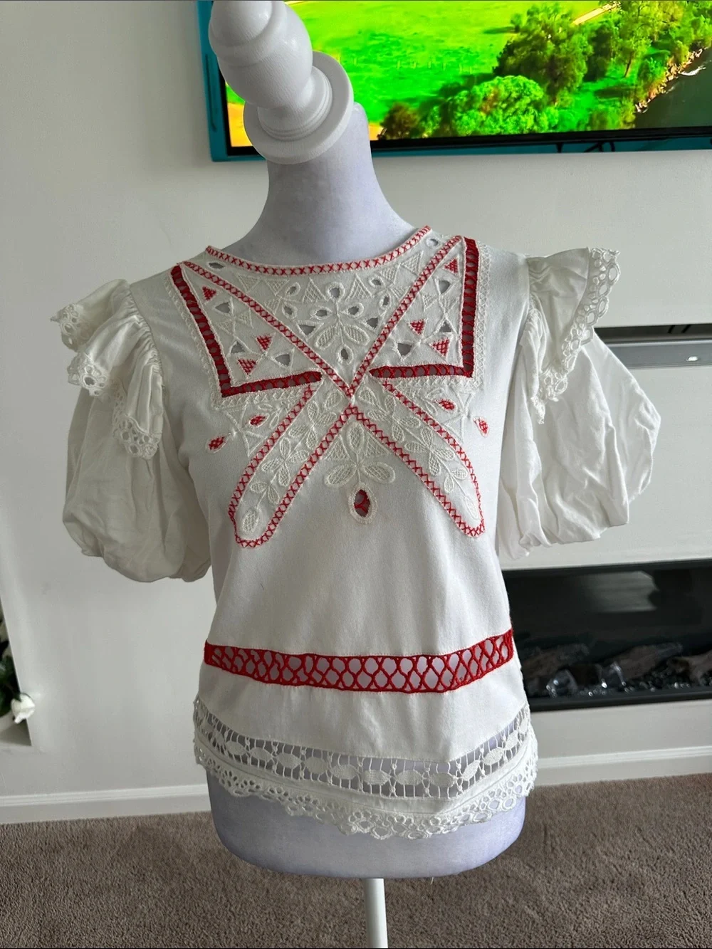Anthropologie White Eyelet Blouse with Red Embroidery