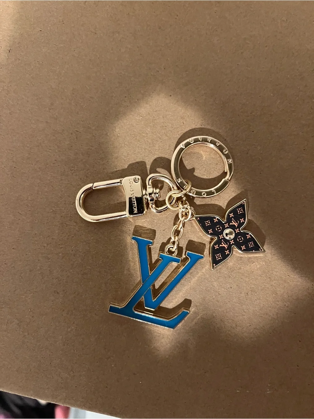 Blue & Brown Monogram Bag Charm or Keychain with Stamped Gold Hardware