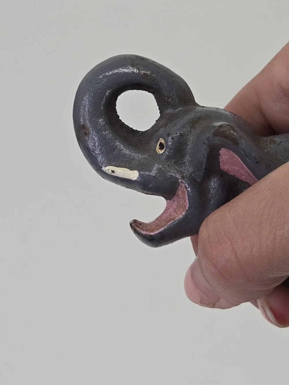 VTG Cast Iron Elephant Bottle Opener‎ Figural Paperweight Trunk Up Pink Mouth #4
