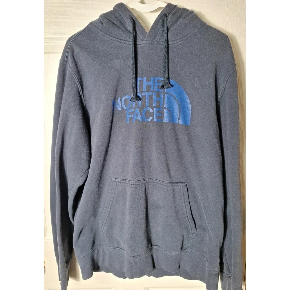 The North Face Mens Hoodie Gray Blue Logo Pullover Hooded Sweatshirt Size Medium