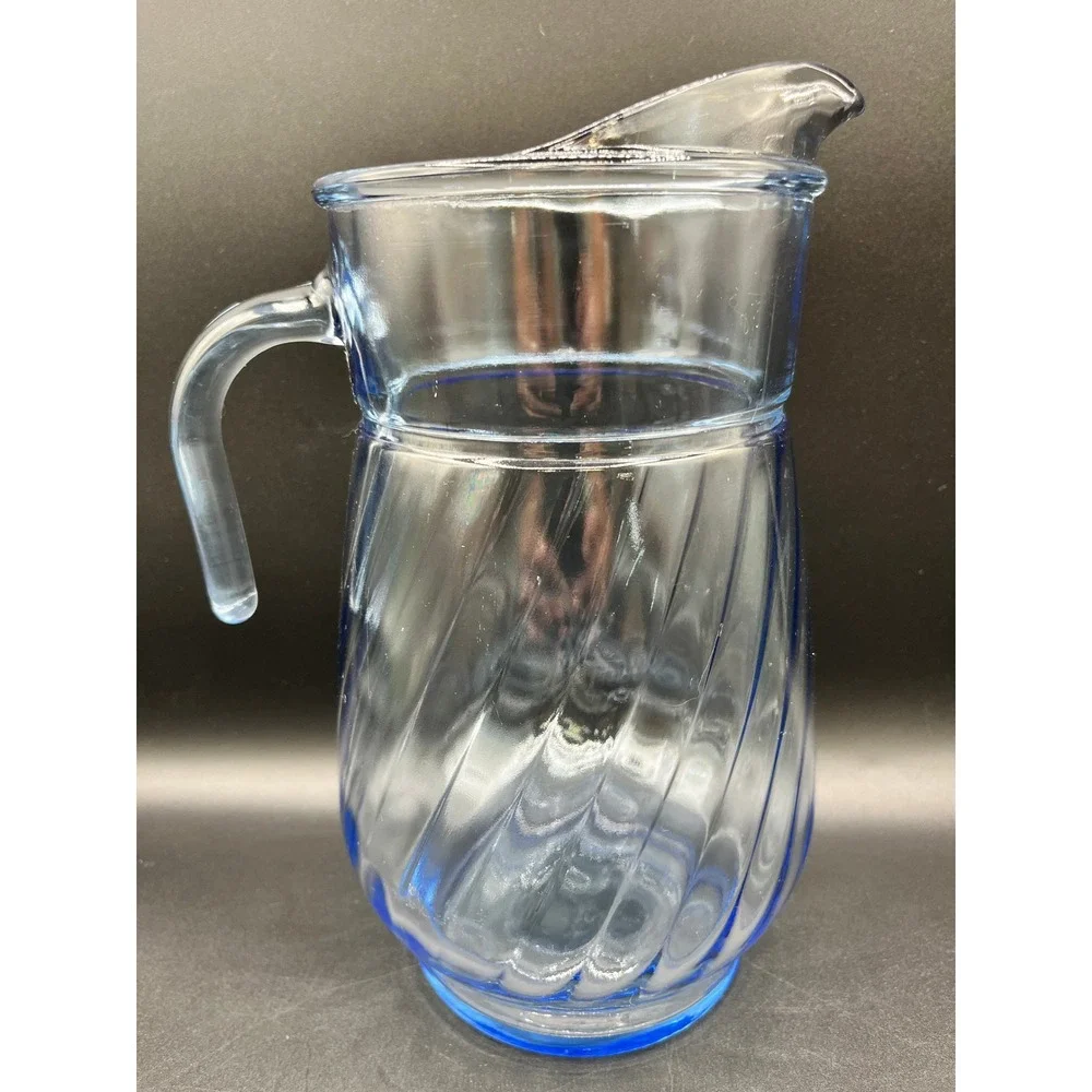 Vtg Anchor Hocking Light Blue Swirl Optic Glass Pitcher 9