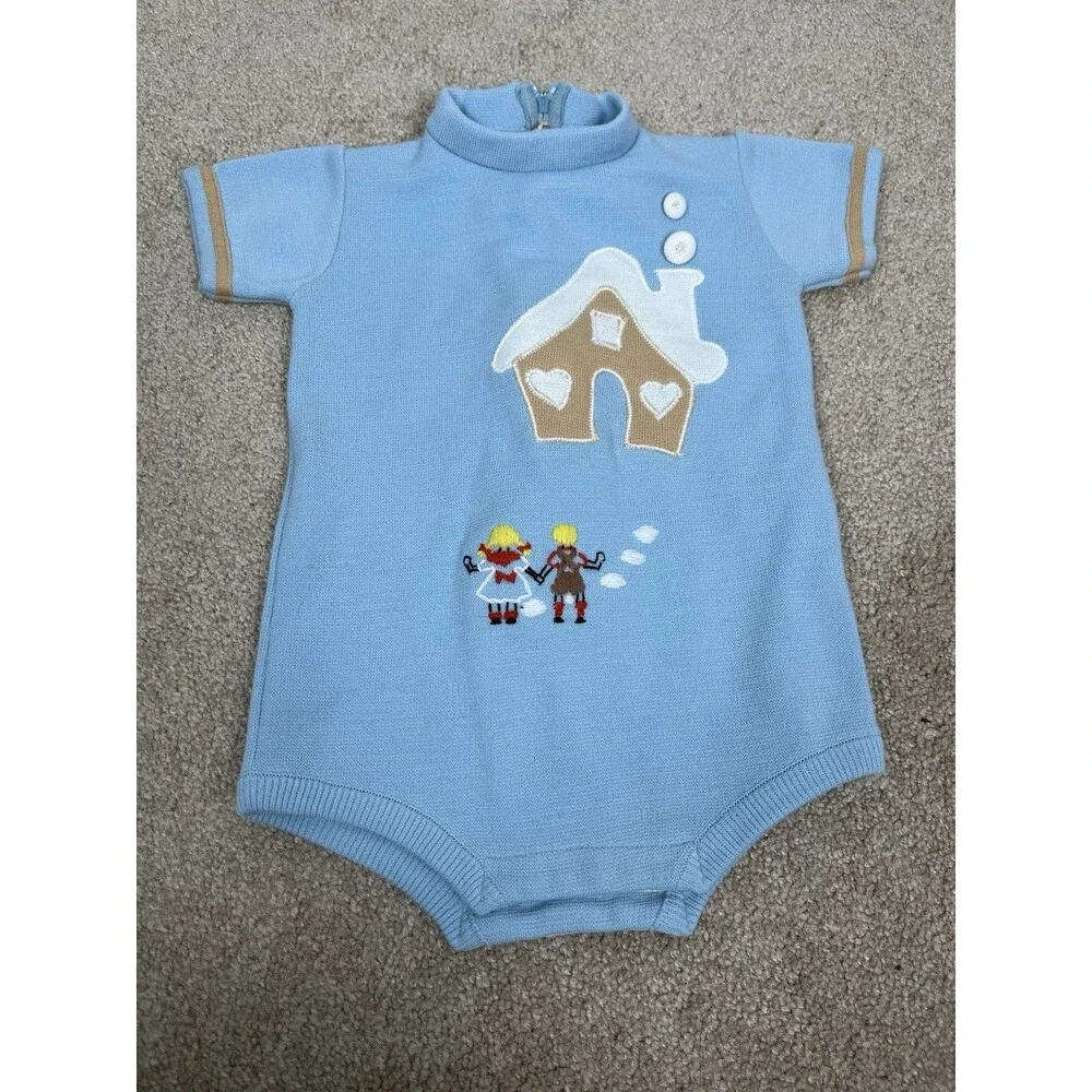 VTG 60s 70s Little World Knit Baby Romper Hansel Gretel Gingerbread House L 12M