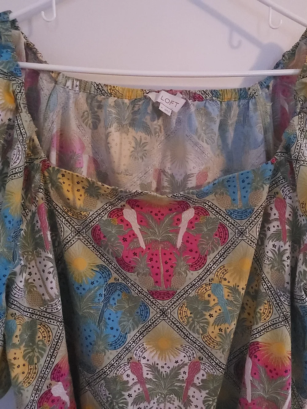 LOFT Tropical Palm Puff Short Sleeve Square Neck Top Blouse Parrot Boho Sz XL