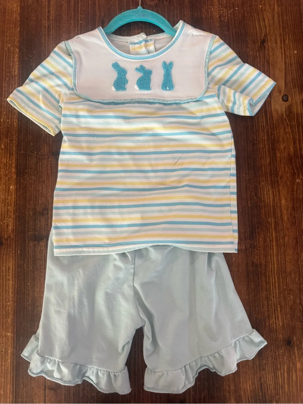 Pastel Blue Stripe Bunny Pajama Set with Ruffle Shorts