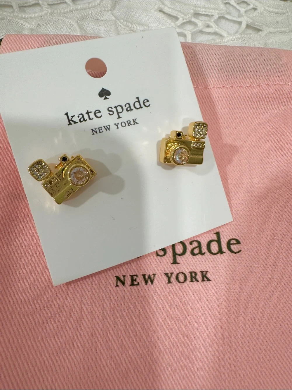 kate spade Gold Camera Stud Earrings with Pink Crystal Accent