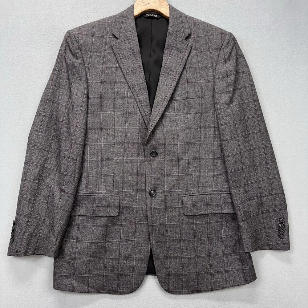 Jos A Bank Traveler Blazer Mens 39R Wool Windowpane Check 2 Button Gray‎ Jacket