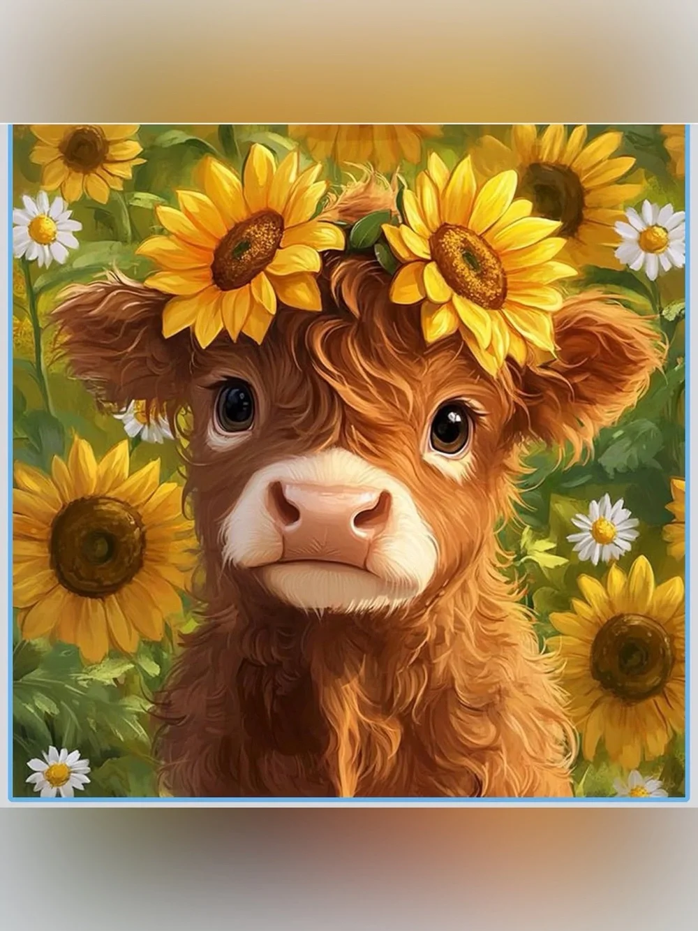 Diamond Art Kit - Calf with Sunflowers, approx. 11.8 x 11.8 Canvas, round