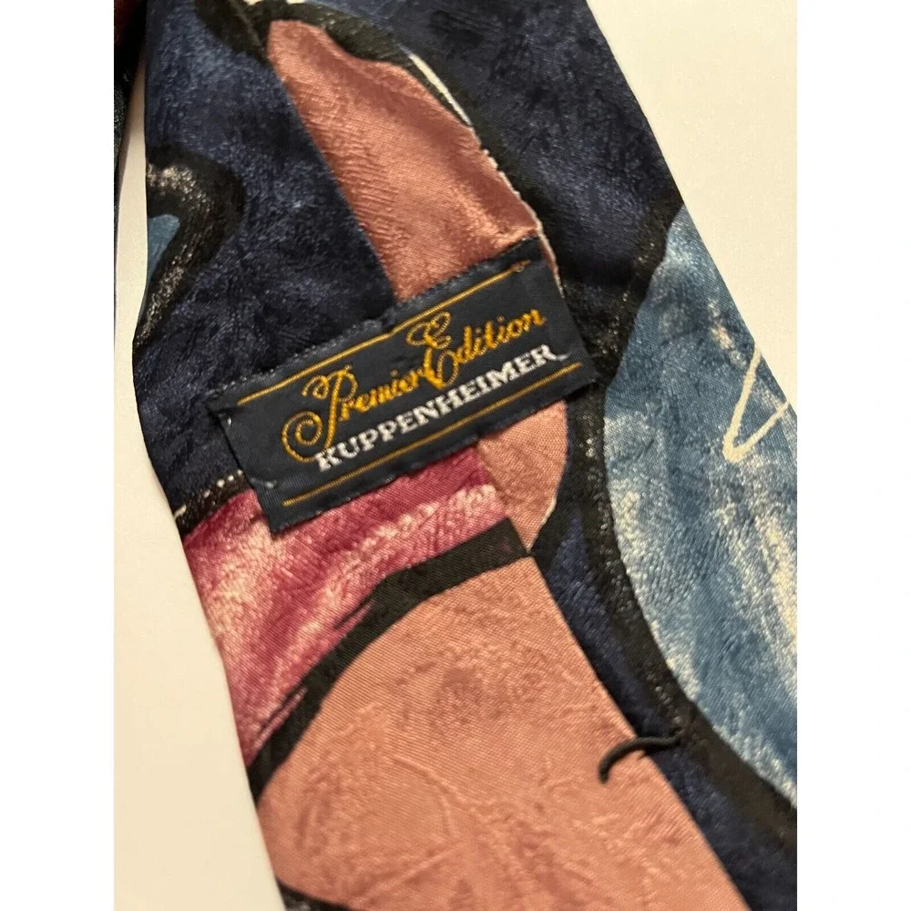 Mens Tie Necktie Premier Edition Kuppenheimer Abstract Navy Blue White Mauve NEW