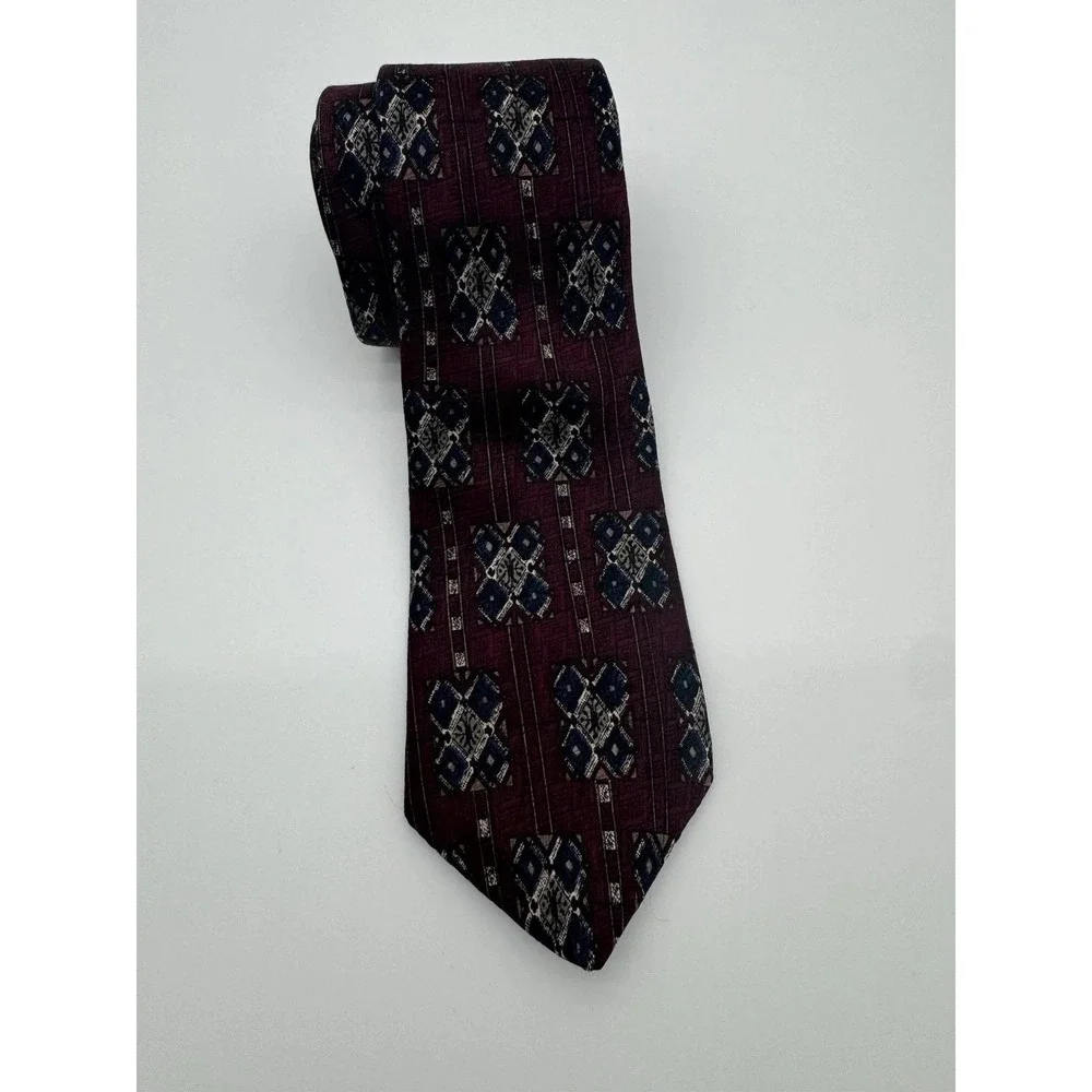 Jonathan Bennett Silk Tie USA Burgundy Blue Geometric Medallion Necktie‎ Classic