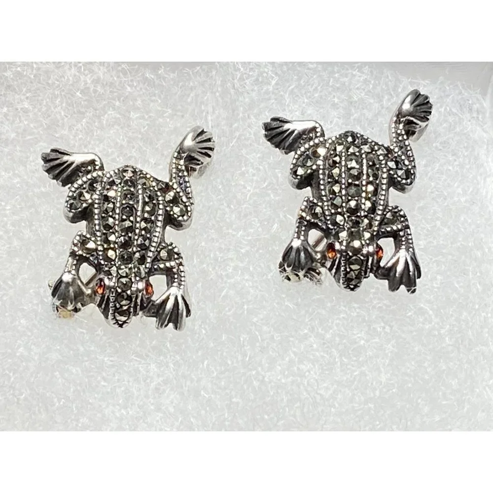 Vintage Two Silver‎ Marcasite Frog Pins with Red Glass Eyes