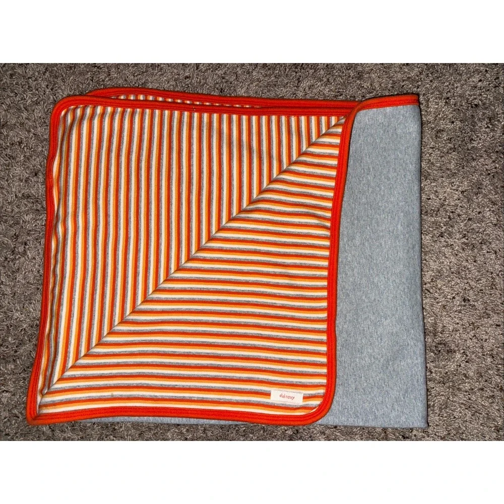Vintage Old Navy 2001 Striped‎ Baby Blanket Orange Gray 36x32