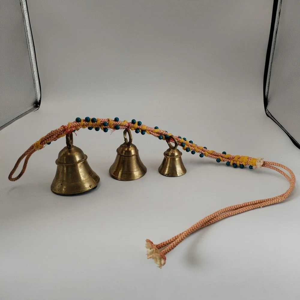 Vintage‎ India Brass Bells on Rope String of 3 Beaded Door Hanger Boho Chime Vtg