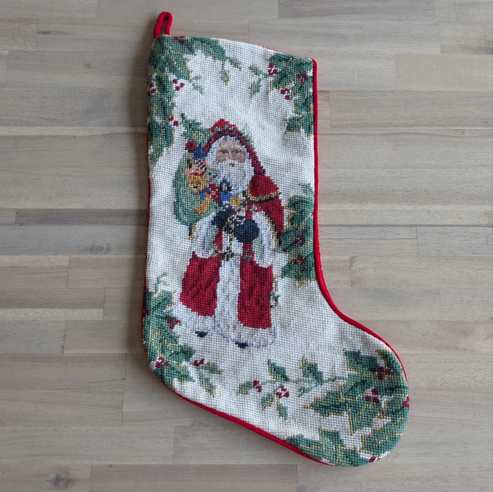 Christmas Hand Needlepoint Stocking Victorian Santa, Toy Sack, Holly Embroidery‎