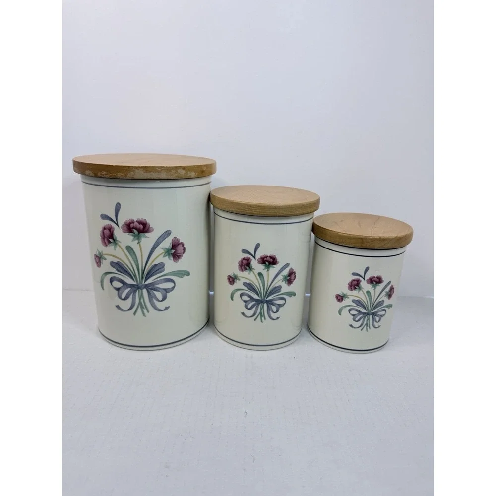 Set Of 3‎ Lenox 'Poppies on Blue' Canisters Wood Lids Made In USA Vintage