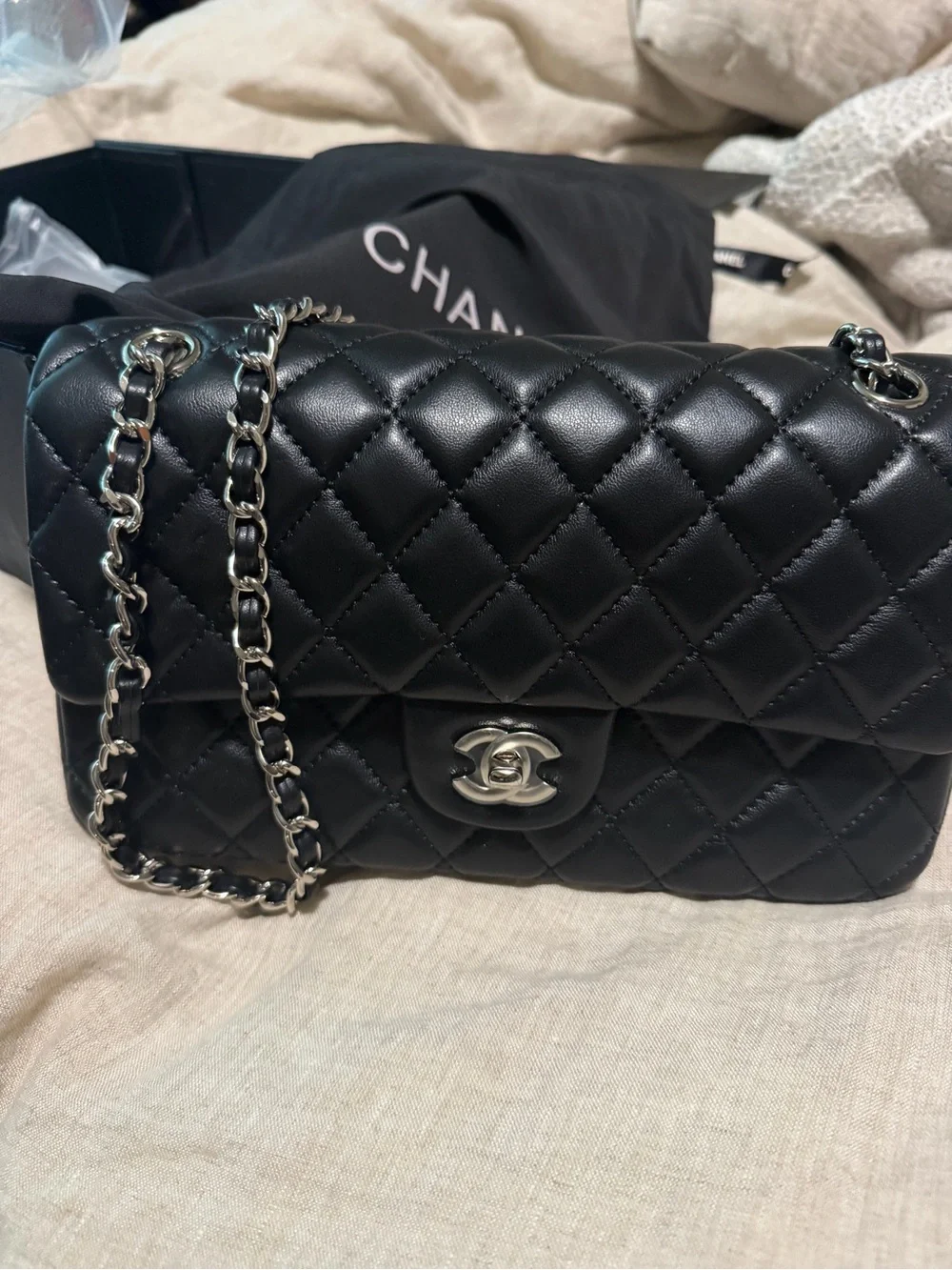 Classic Quilted Caviar Leather Double Flap Bag in Black (Medium size)