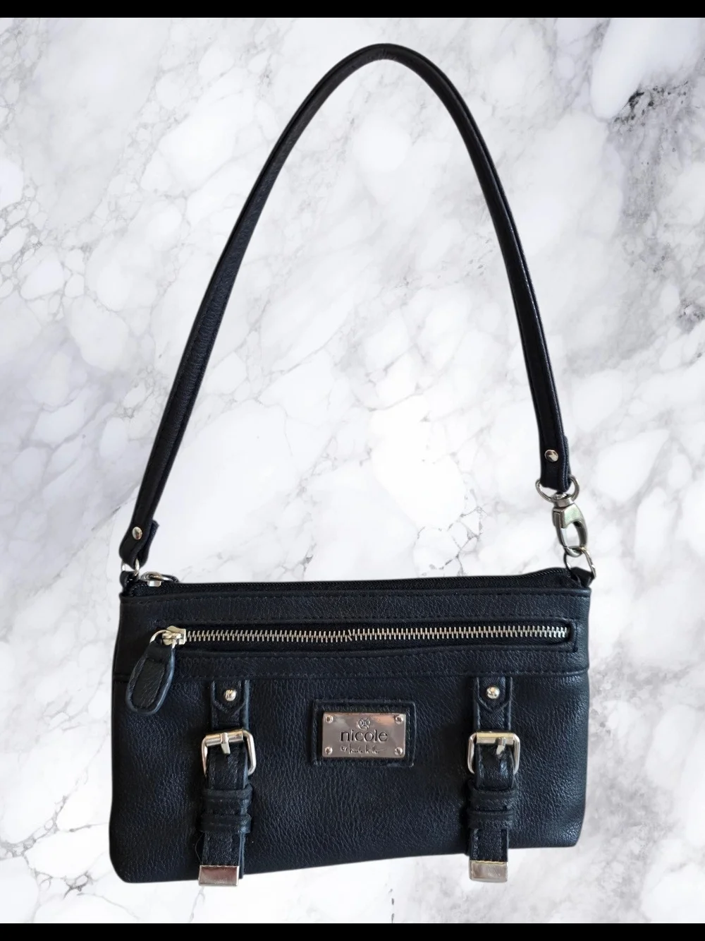 Nicole by Nicole Miller Black Mini Shoulder Bag Y2K Moto Buckle Wristlet