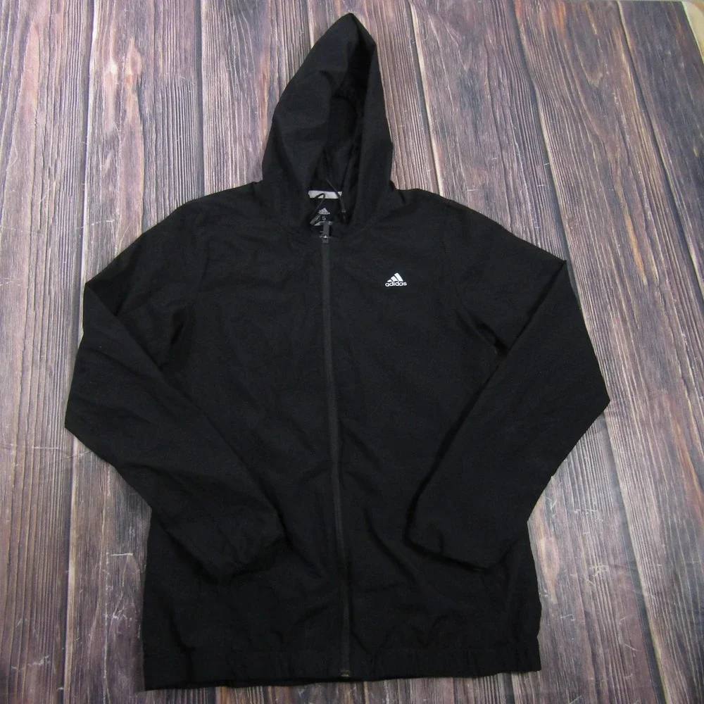 Adidas Jacket Mens S‎ Black Hooded Full Zip Windbreaker Lightweight Golf Sport