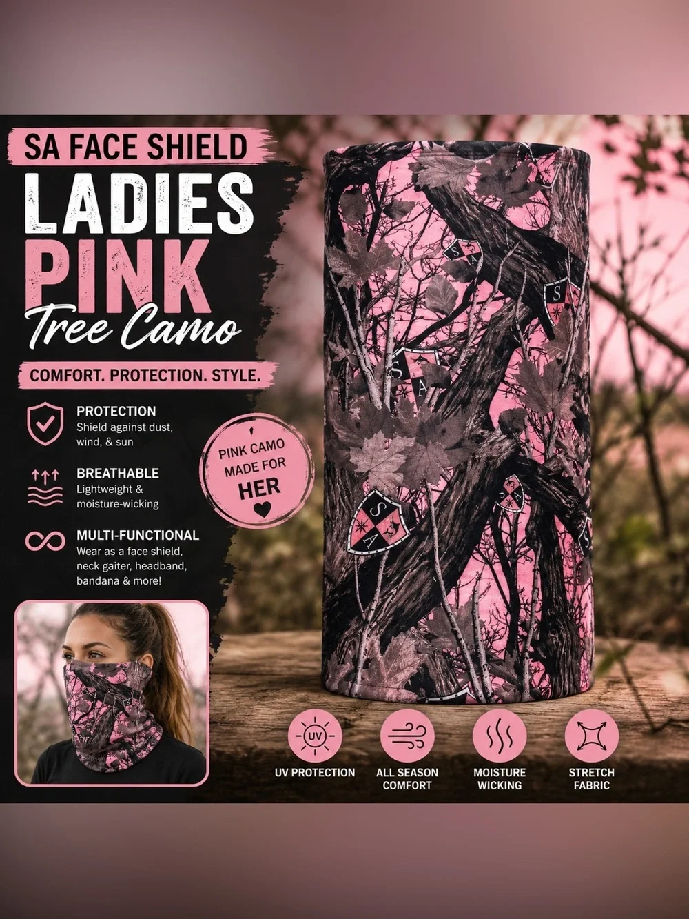 Ladies Pink Tree Camo Neck Gaiter
