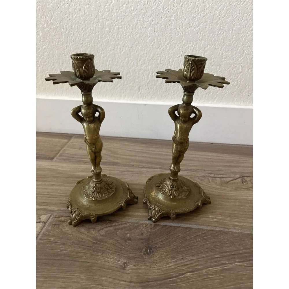 Pair of GORGEOUS‎ Vintage Cherub Candlesticks, Brass 10