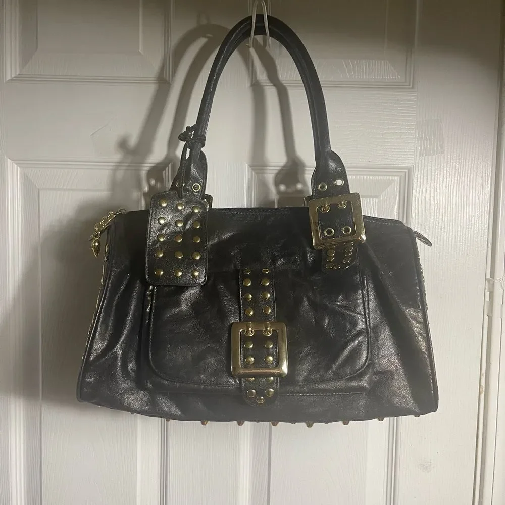 CMZ Stylish Synthetic Black Medium Satchel with Gold Studs Accents.