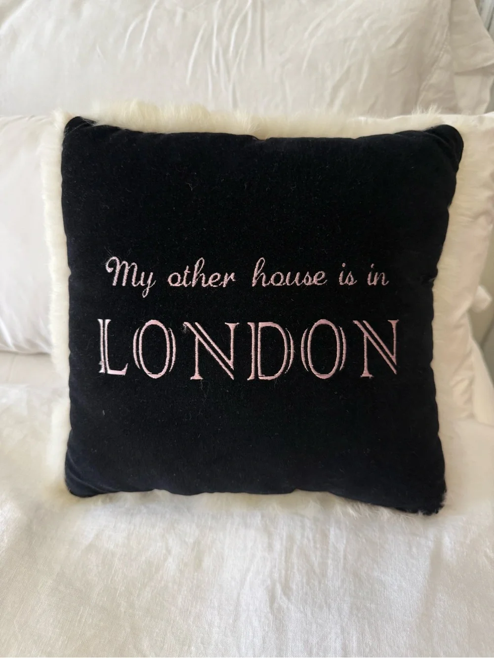 Black Velvet Faux Fur Trim Pillow | “My Other House Is In London” Embroidered