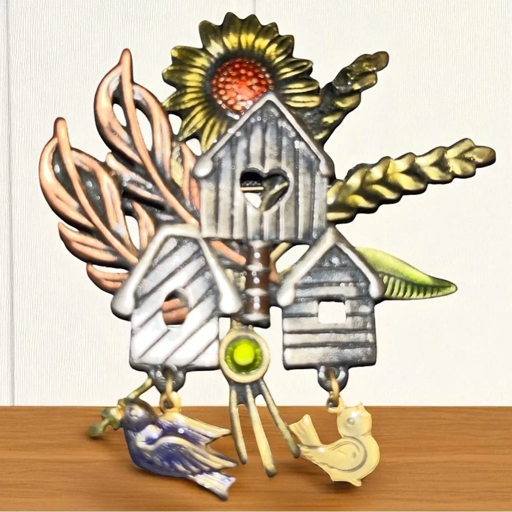 Vintage Kenneth Cole Colorful Metal Birdhouse Brooch 🐦
