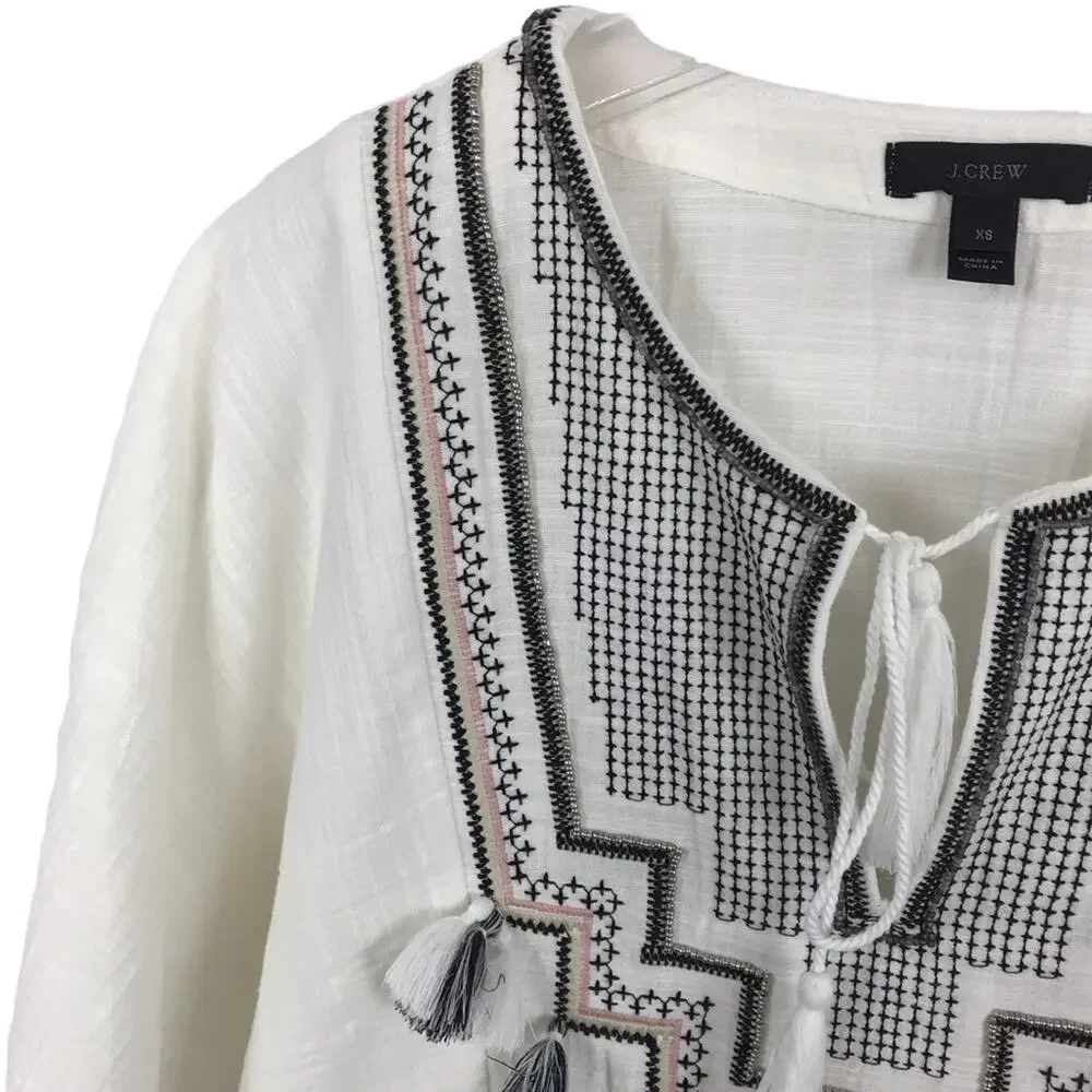 J. Crew Embroidered White Blouse Tassel Beach Cover Tunic Top