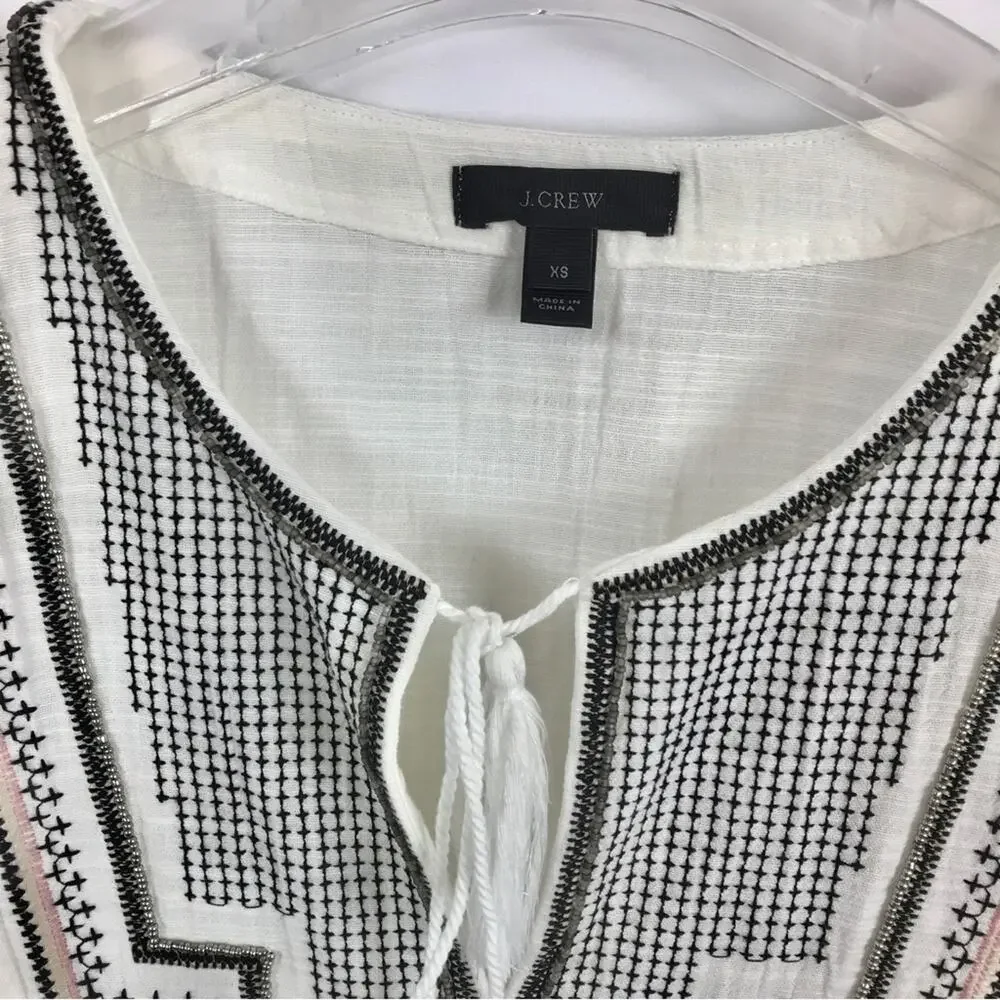 J. Crew Embroidered White Blouse Tassel Beach Cover Tunic Top