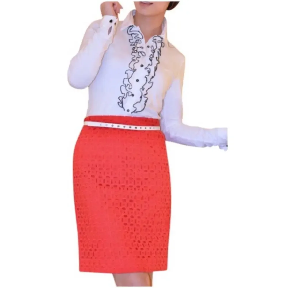 J. Crew Chili Red No. 2 Pencil Skirt Knee Length Ultra Eyelet Cut