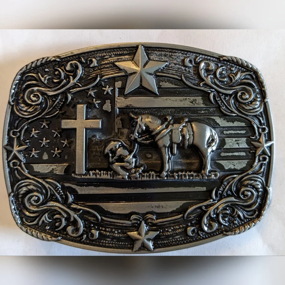 New Western Belt Buckle with Horse, Cowboy, Cross Design, T3MISB4E