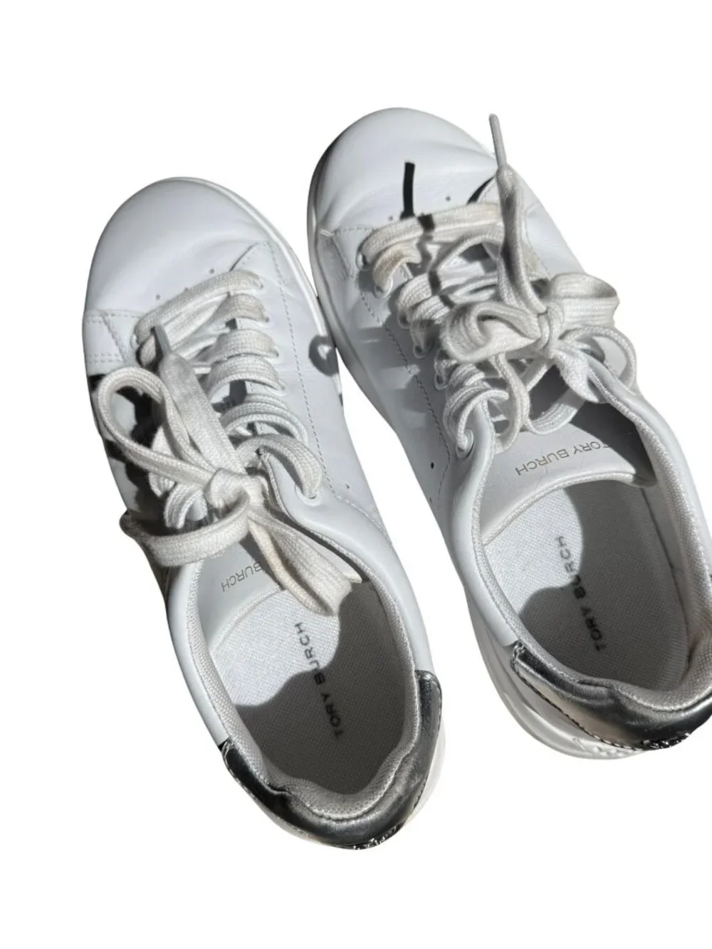 Tory Burch Howell Court White Silver Leather Sneakers Women’s 6.5M