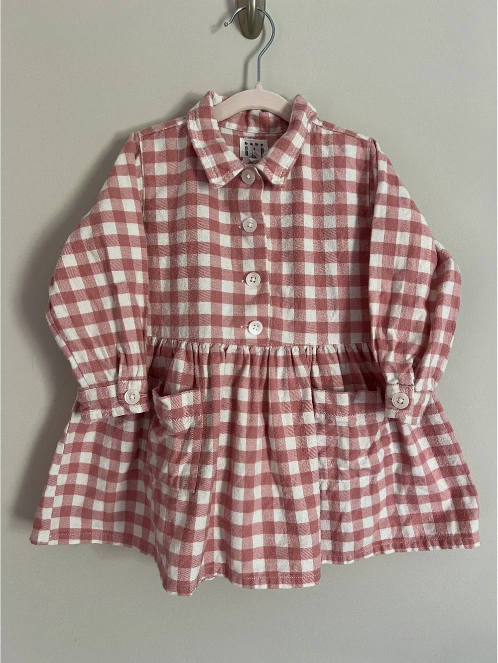 Vintage 90s Baby Gap Pink White Flannel Button Front Long Sleeve Dress