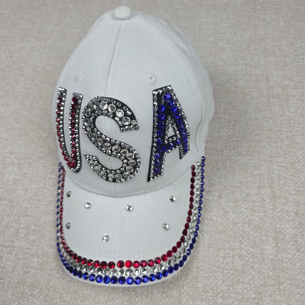 USA Rhinestone Baseball‎ Cap White Patriotic Red Blue Crystal Adjustable Hat
