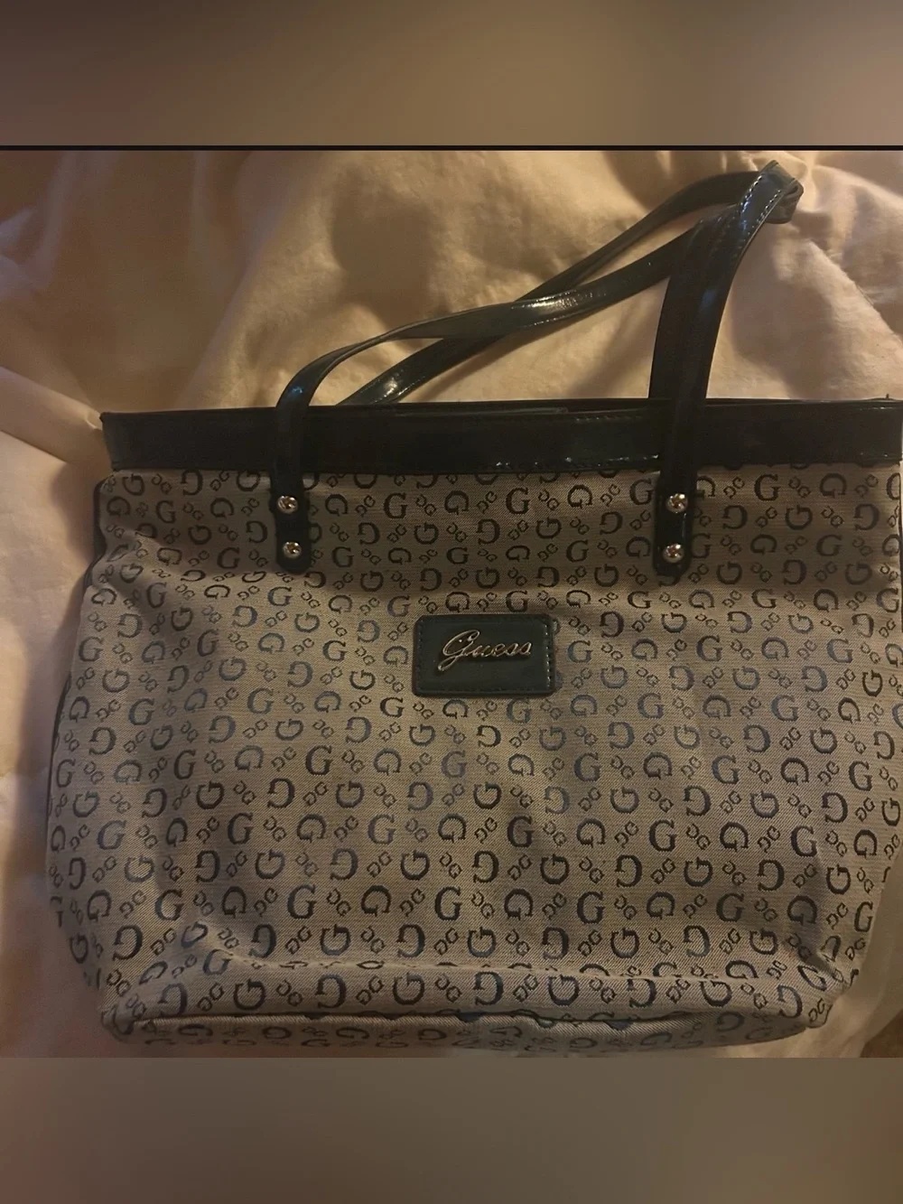 Guess Monogram Tote Purse in Navy Blue & Gray