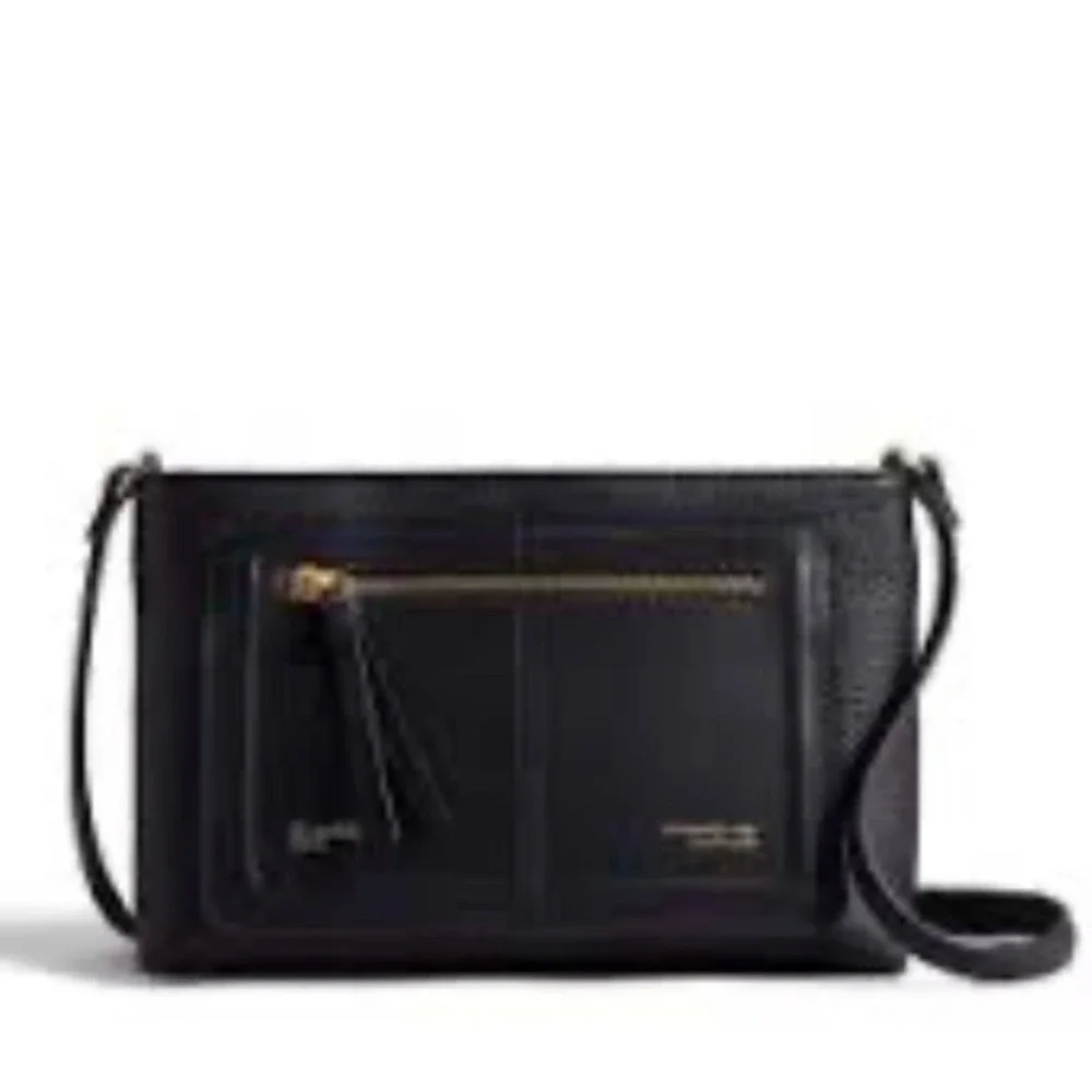 Ted Baker Crossbody Bag Womens Small Black Excellent Pebbled Leather‎ Gold Logo