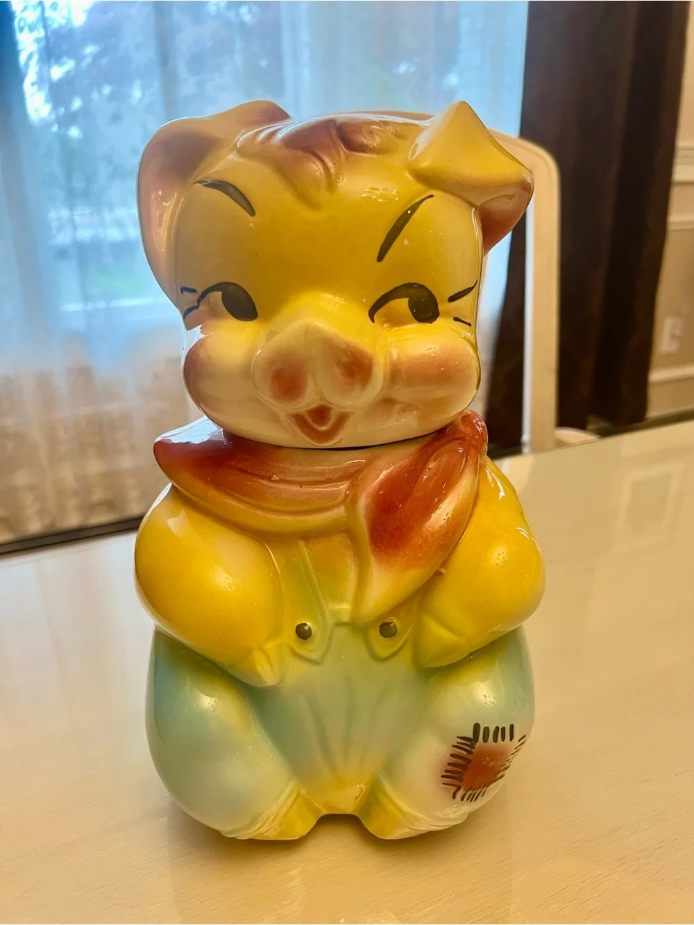 Vintage American Bisque Pig Cookie Jar with Scarf and patch