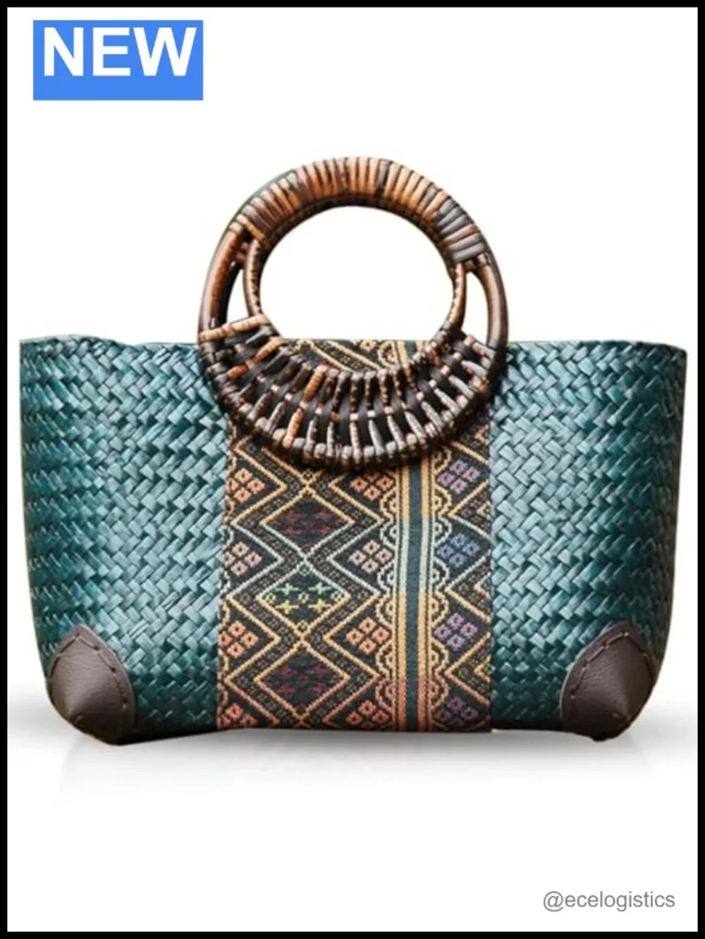 Handmade Rattan Tote Bag Women Straw Woven Beach Bag Bamboo Handle