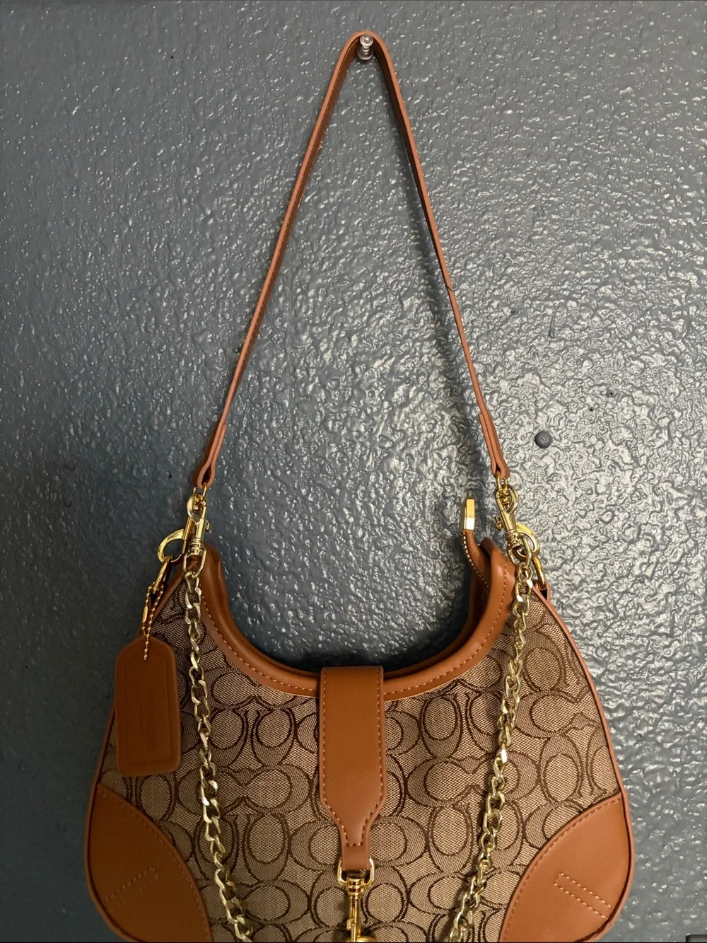 Coach Tan/Brown Signature Jacquard Shoulder Bag with Gold Hardware
