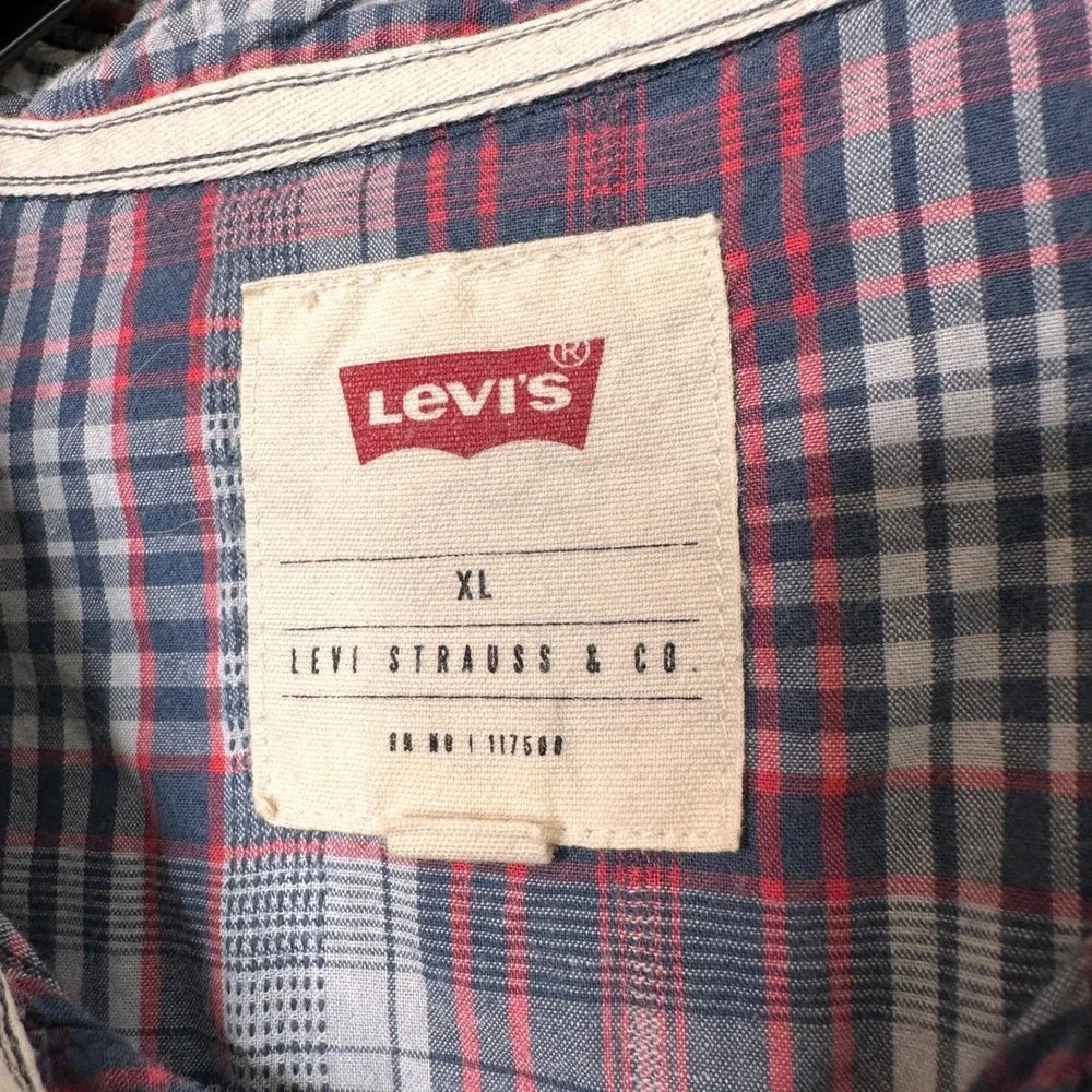 Levis Men XL Short Sleeve Western Plaid Pearl Snap Shirt Red Blue Cowboy Outdoor