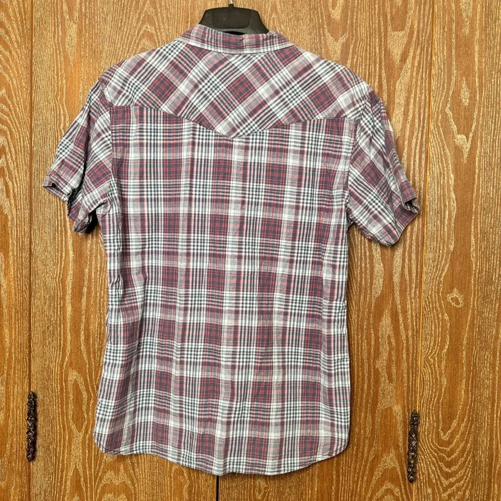 Levis Men XL Short Sleeve Western Plaid Pearl Snap Shirt Red Blue Cowboy Outdoor