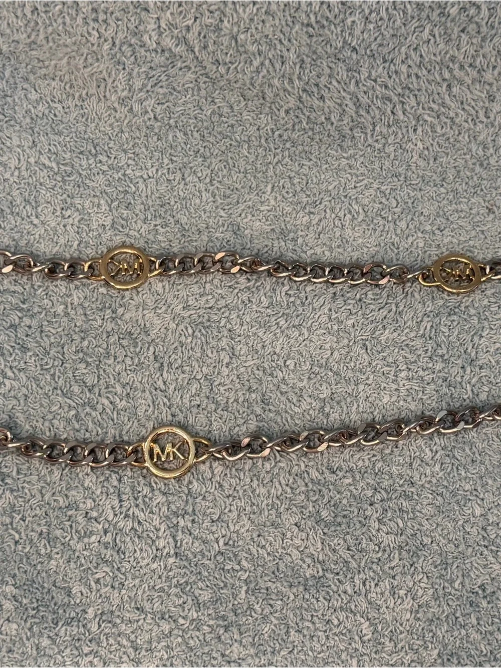 Michael Kors Women Two Tone MK Logo Metal Chain Belt 42 inch Silver & Gold