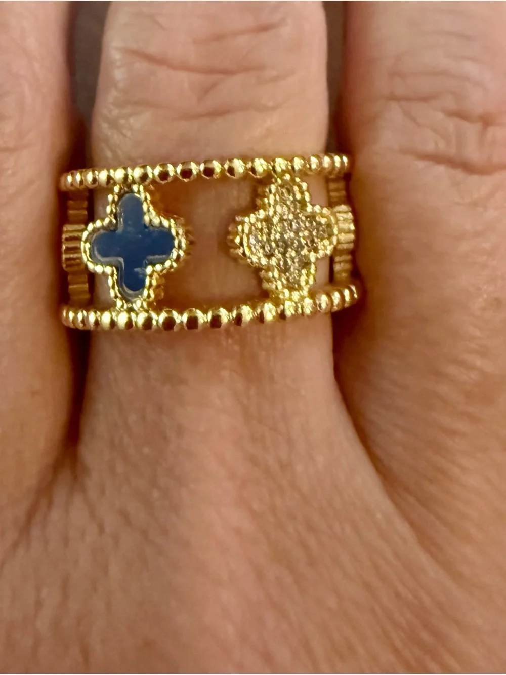 Gold & Blue Clover Cuff Bracelet + Ring Set