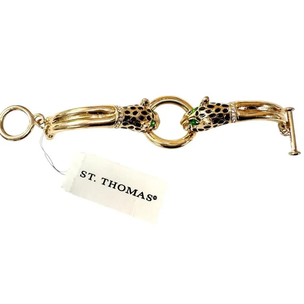 NEW Vintage St Thomas Gold Tone Green Eyes Double Leopard Head Toggle Bracelet