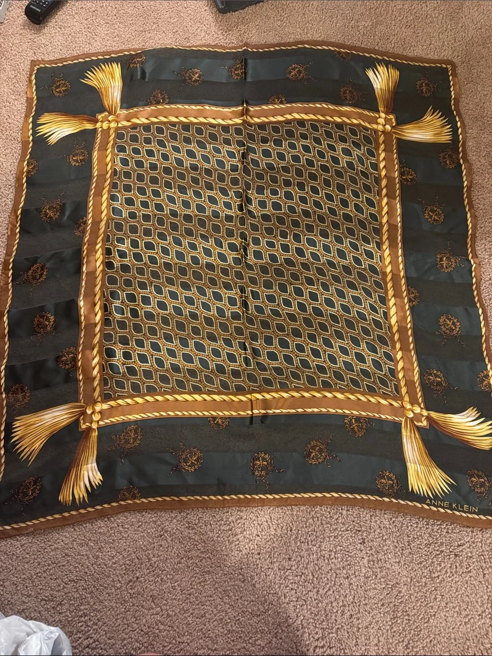 Anne Klein Dark Green and Gold Rope-Tassel Silk Scarf