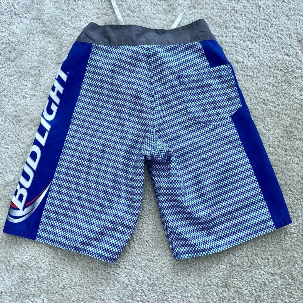 Bud Light Board Shorts Mens Size 30 Blue Checkered Swim Trunks Surf Beach Light