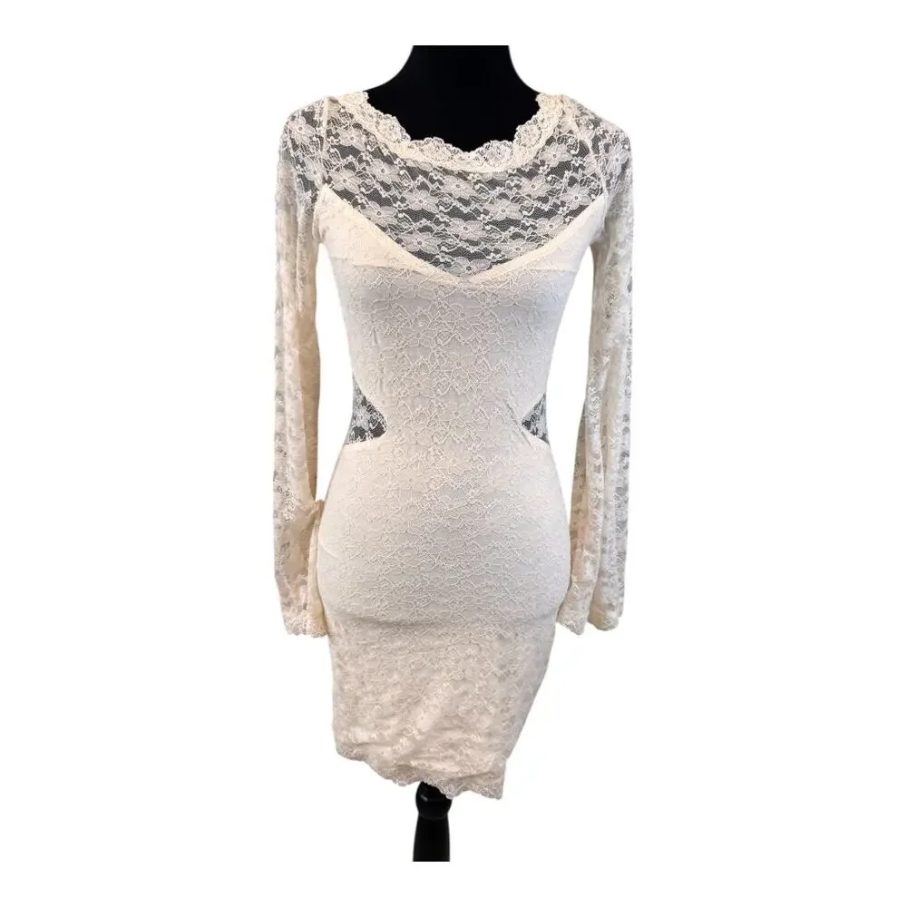 FREE PEOPLE Cream Lovely In Lace Bodycon Dress Size S